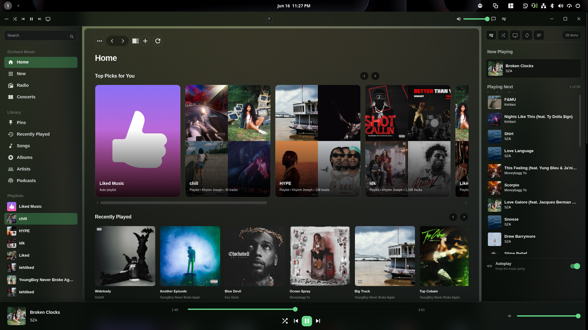 Orchard desktop music client showing playback, queue, and lyrics