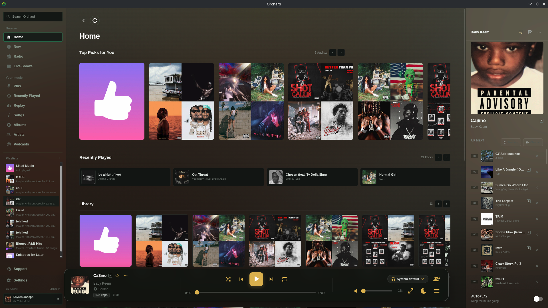 Orchard 2.4 desktop interface showing home recommendations, library navigation, the play queue, and the persistent player