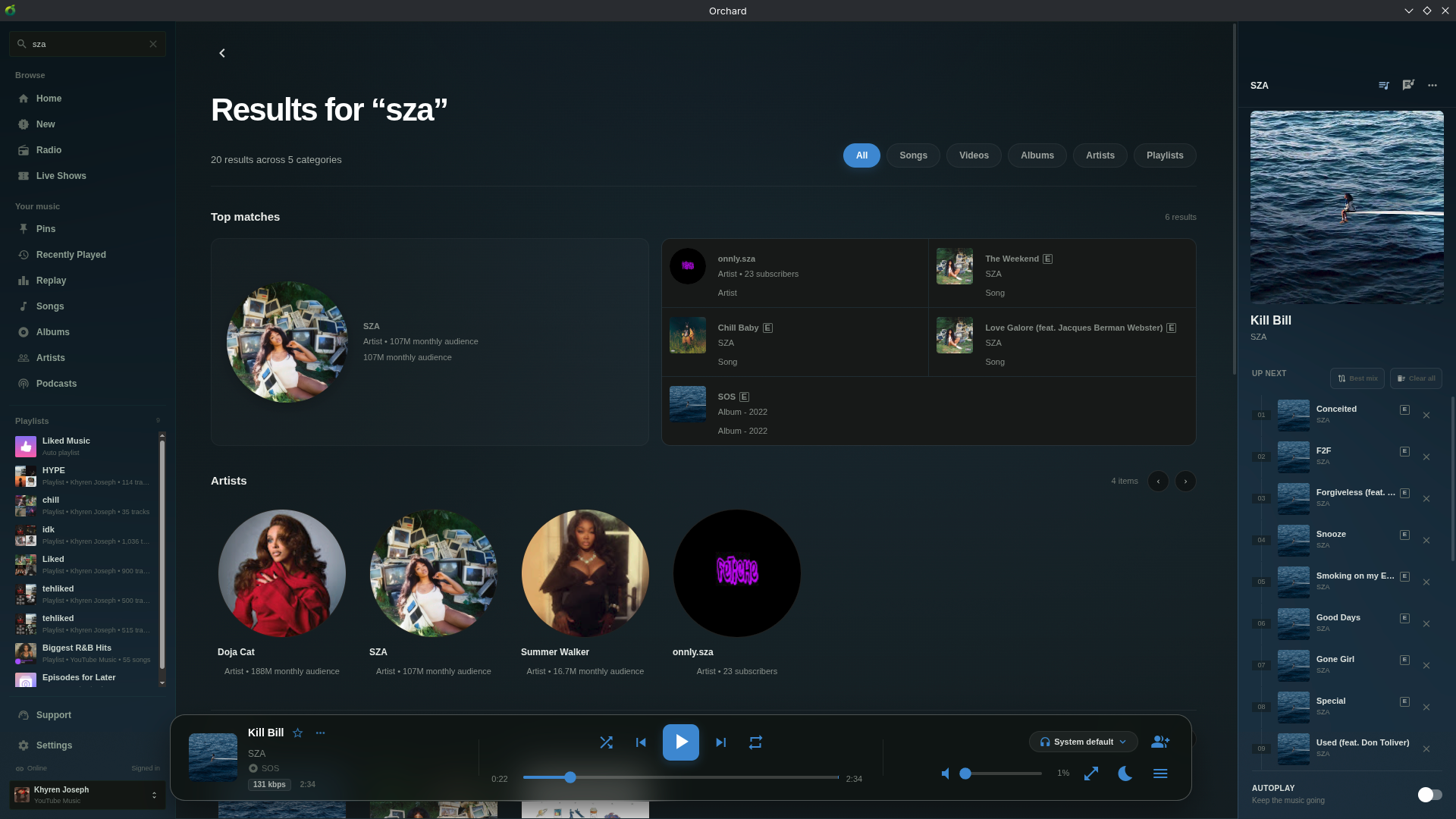 Search results in Orchard with the play queue visible