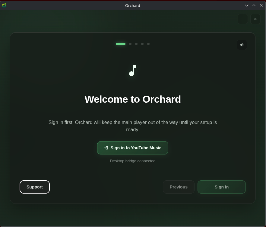 Orchard Welcome Setup screen showing the initial sign-in stage